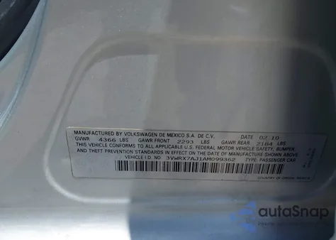 2010 Volkswagen Jetta Limited Edition from USA, damaged, VIN 3VWRX7AJ1AM099362